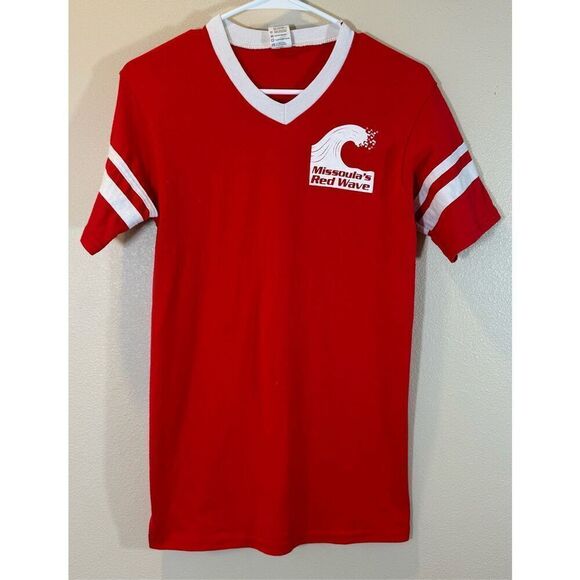 Vintage Style Missoula Red Wave V-Neck Baseball Ringer Women's Shirt Small - Picture 1 of 9